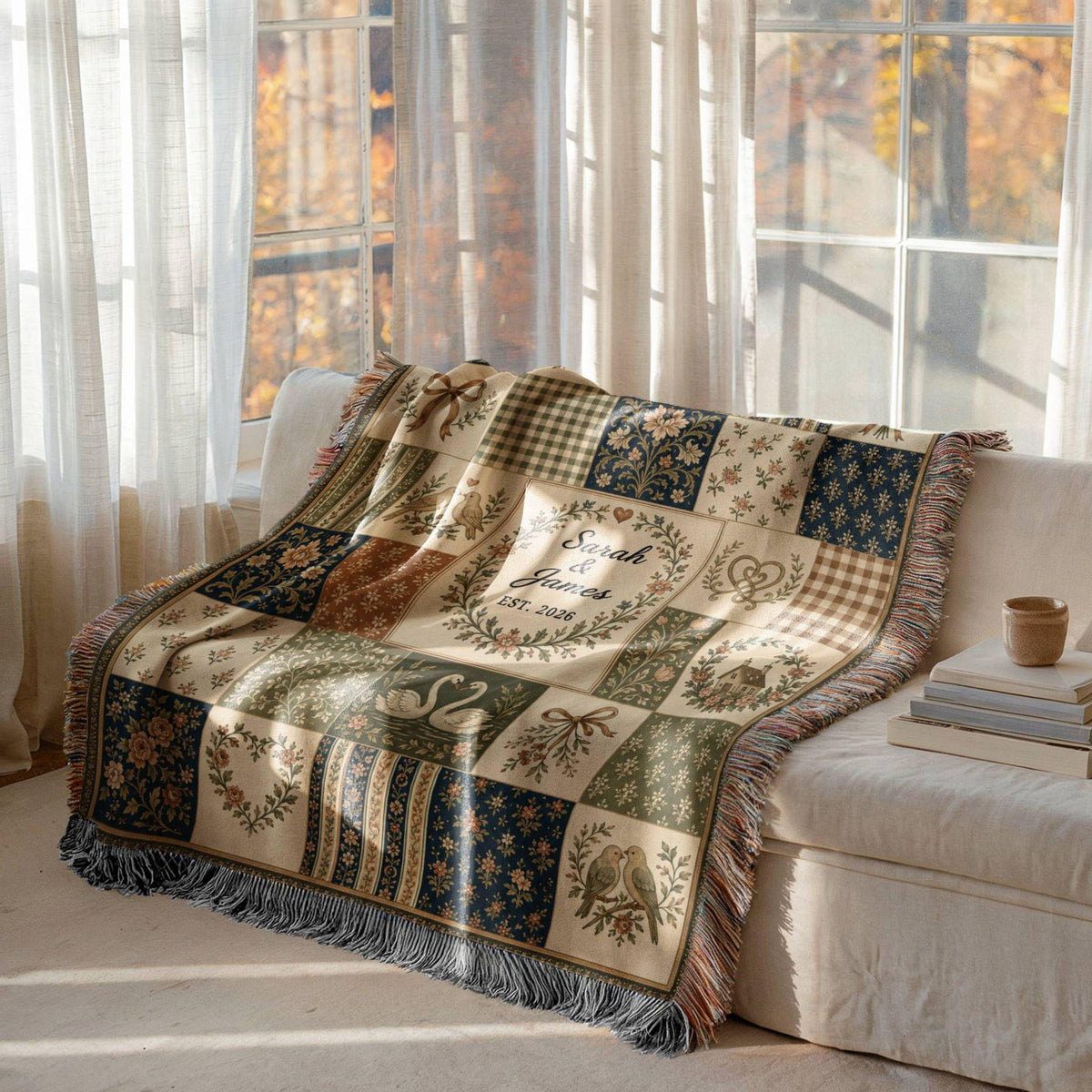 Personalized Floral Patchwork Woven Blanket, Custom Couple Names Date Throw, Vintage Botanical Wedding Gift,Cotton Anniversary Keepsake - product image 5