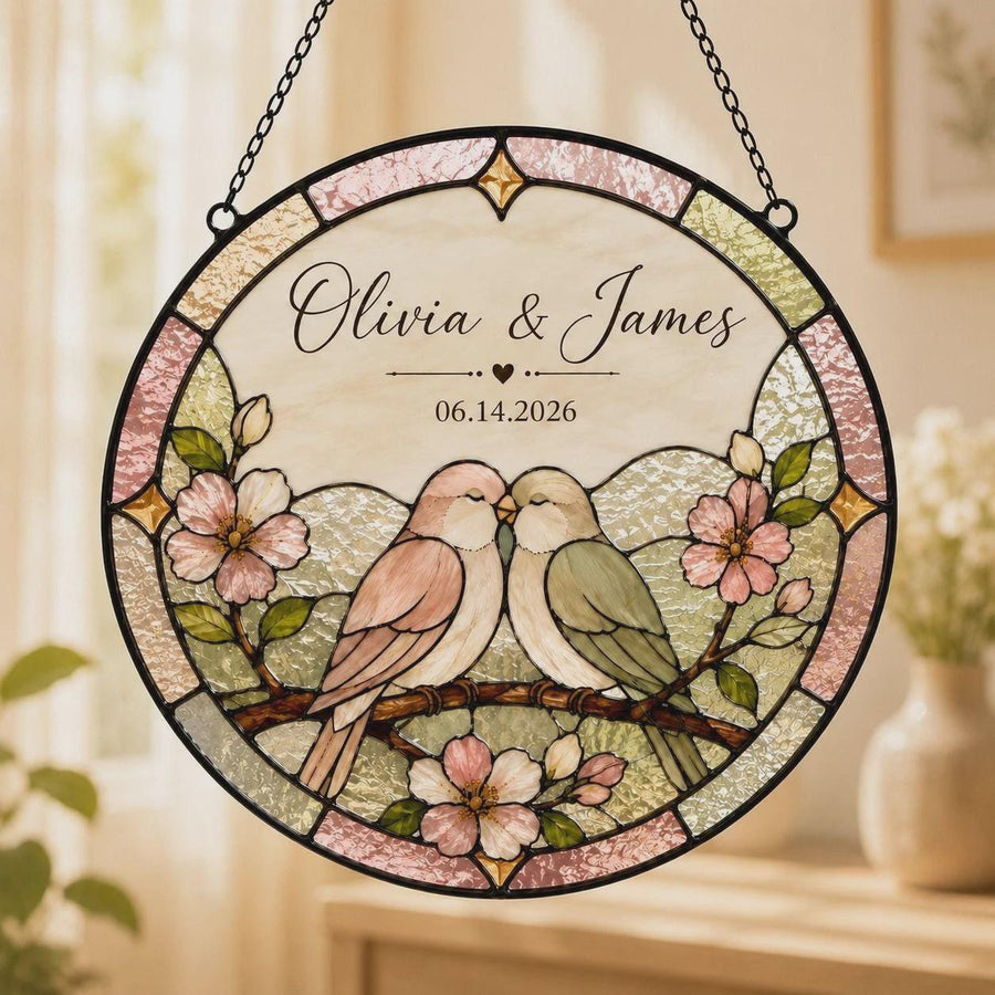 Personalized Love Birds Glass Suncatcher, Custom Wedding Anniversary Gift - main product image