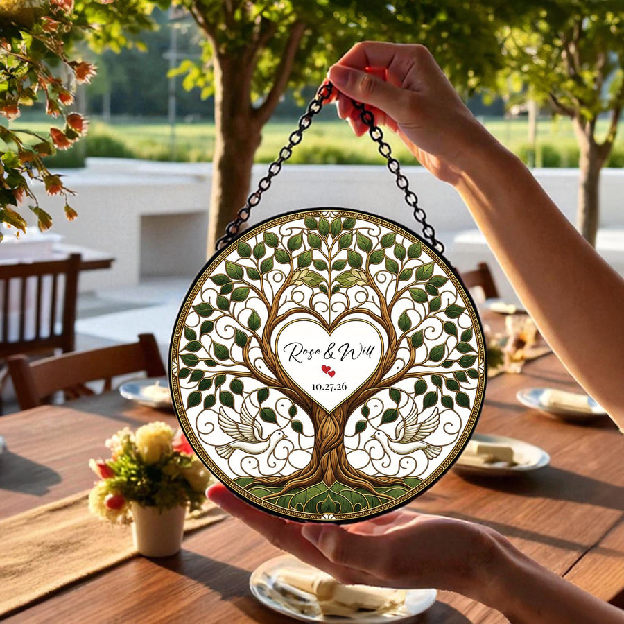 Personalized Wedding Tree Suncatcher, Stained Glass Style Couple Window Hanging, Bride & Groom Anniversary Gift, Custom Wedding Decor - main product image