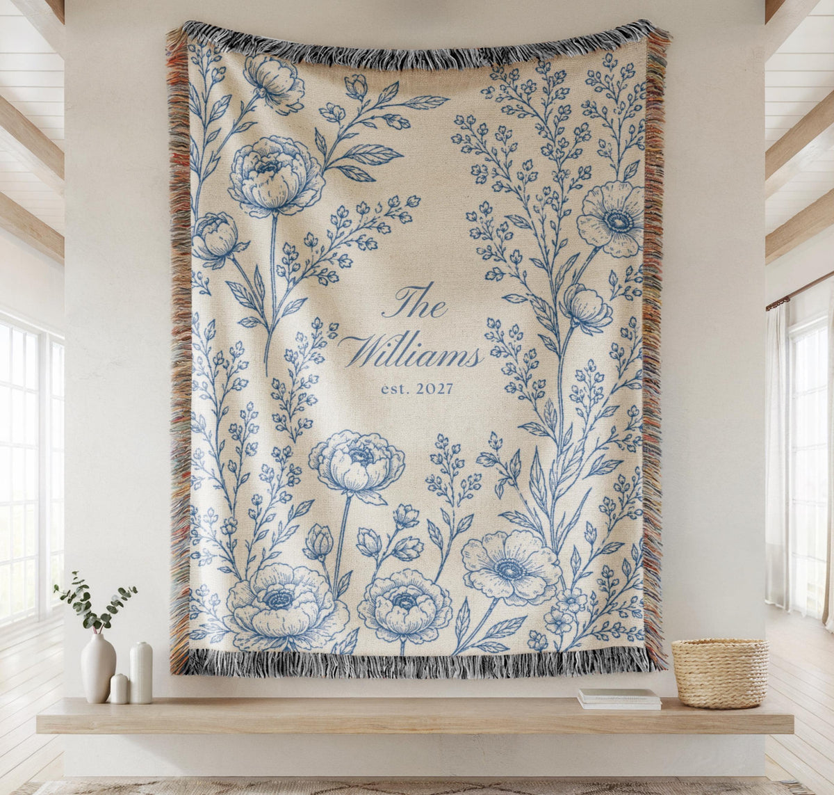 Personalized Woven Blanket, Cotton Anniversary Gift For Couple, Custom Wedding Family Name Blanket, Engagement Or Bridal Shower Gift - main product image