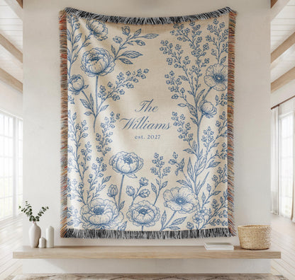 Personalized Woven Blanket, Cotton Anniversary Gift For Couple, Custom Wedding Family Name Blanket, Engagement Or Bridal Shower Gift - main product image