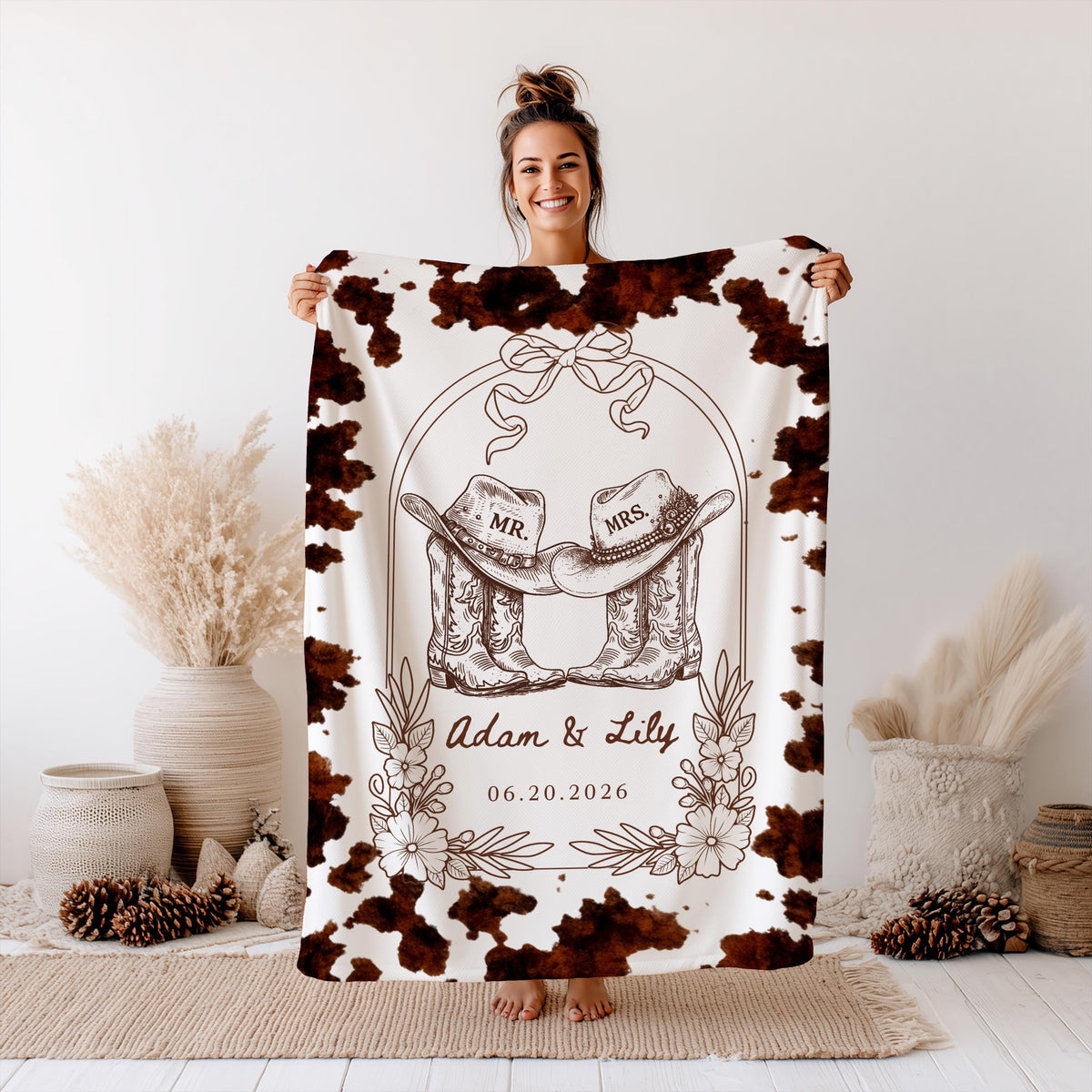 Western Wedding Blanket Custom With Names And Date, Cowboy Mr And Mrs Woven Throw, Rustic Bridal Shower Gift, Personalized Couple Present - product image 5