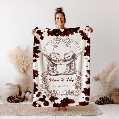Western Wedding Blanket Custom With Names And Date, Cowboy Mr And Mrs Woven Throw, Rustic Bridal Shower Gift, Personalized Couple Present - product image 5