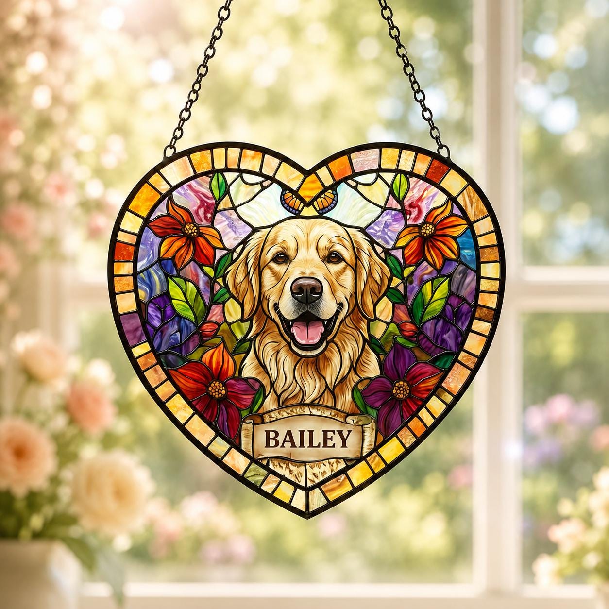 Personalized Dog Portrait Stained Glass Suncatcher, Custom Pet Memorial Stained Glass Photo Suncatcher, Dog Loss Keepsake, Pet Loss Gift - product image 2