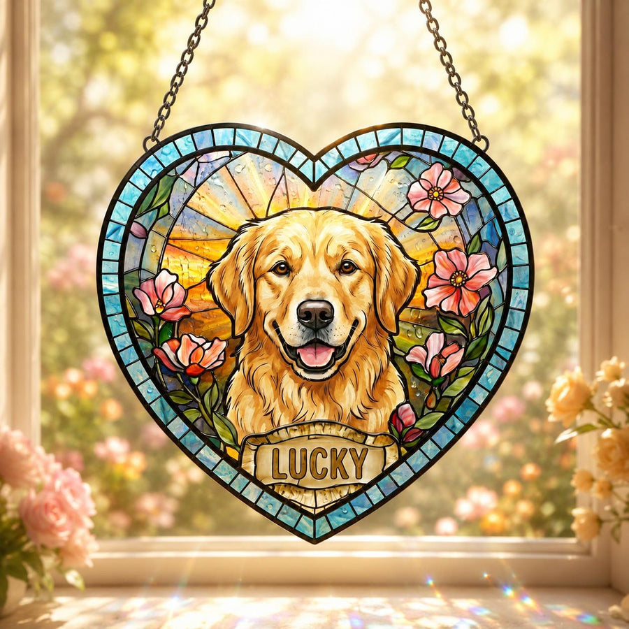 Personalized Dog Portrait Stained Glass Suncatcher, Custom Pet Memorial Stained Glass Photo Suncatcher, Dog Loss Keepsake, Pet Loss Gift - main product image
