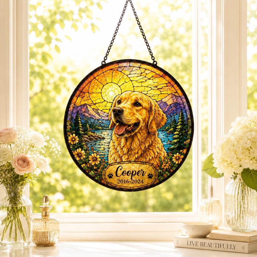 Personalized Pet Memorial Suncatcher, Custom Dog Cat Portrait Stained Glass Window Hanging, Add Name Date, Pet Loss Gift - main product image