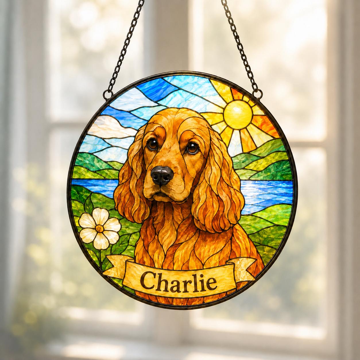 Custom Dog Portrait Stained Glass Suncatcher – Personalized Pet Memorial Gift, Handmade Animal Window Hanging - product image 4
