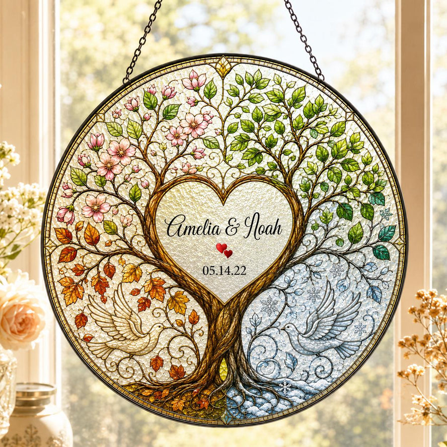 Personalized Wedding Anniversary Gift for Couple, Four Seasons Tree of Life Stained Glass Suncatcher, Custom Couple Window Hanging Keepsake - main product image