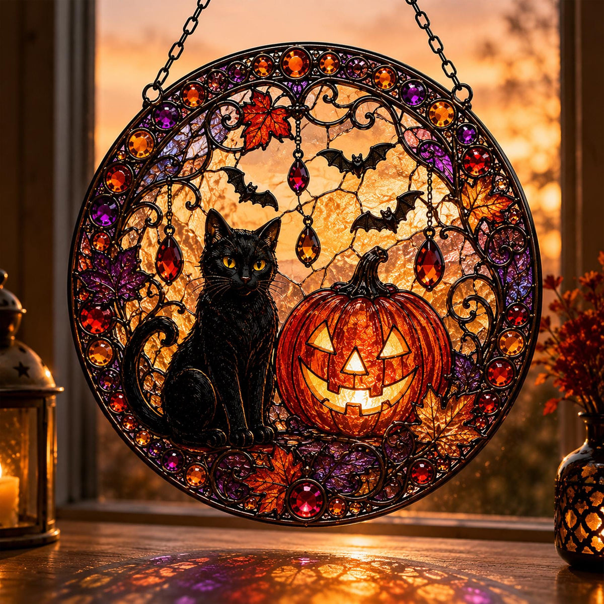 Black Cat Pumpkin Moon Stained Glass Suncatcher, Gothic Crescent Moon Decor, Spooky Cat Lover Home Decor, Halloween Gift - main product image