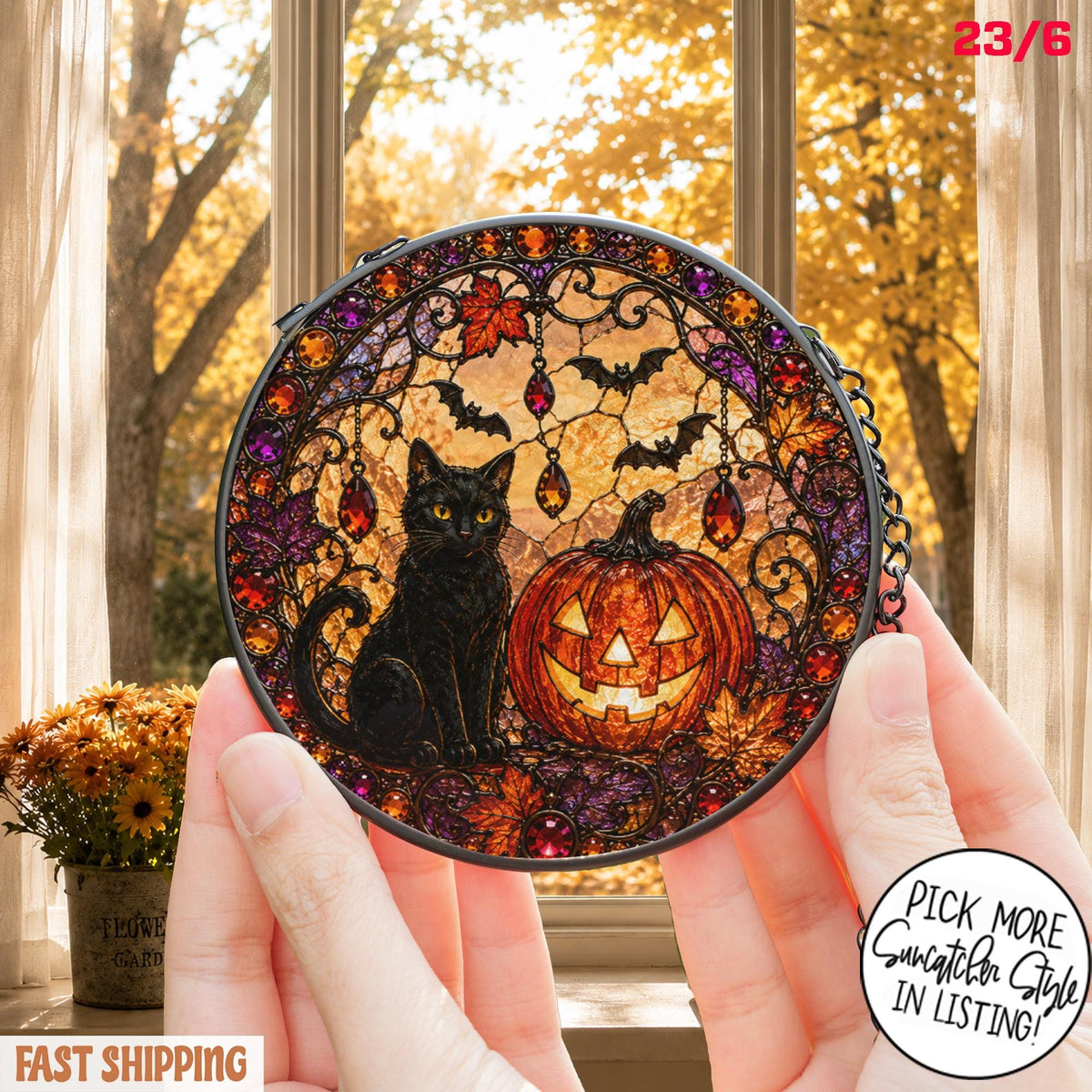 Black Cat Pumpkin Moon Stained Glass Suncatcher, Gothic Crescent Moon Decor, Spooky Cat Lover Home Decor, Halloween Gift - product image 5