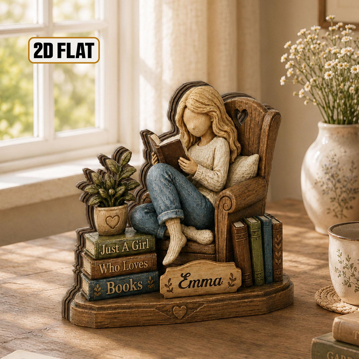 Personalized Wooden Book Lover Block, Just A Girl Who Loves Books Wooden Figurine, Book Lover Gift, Library Decor, Reader Shelf Decoration - product image 5