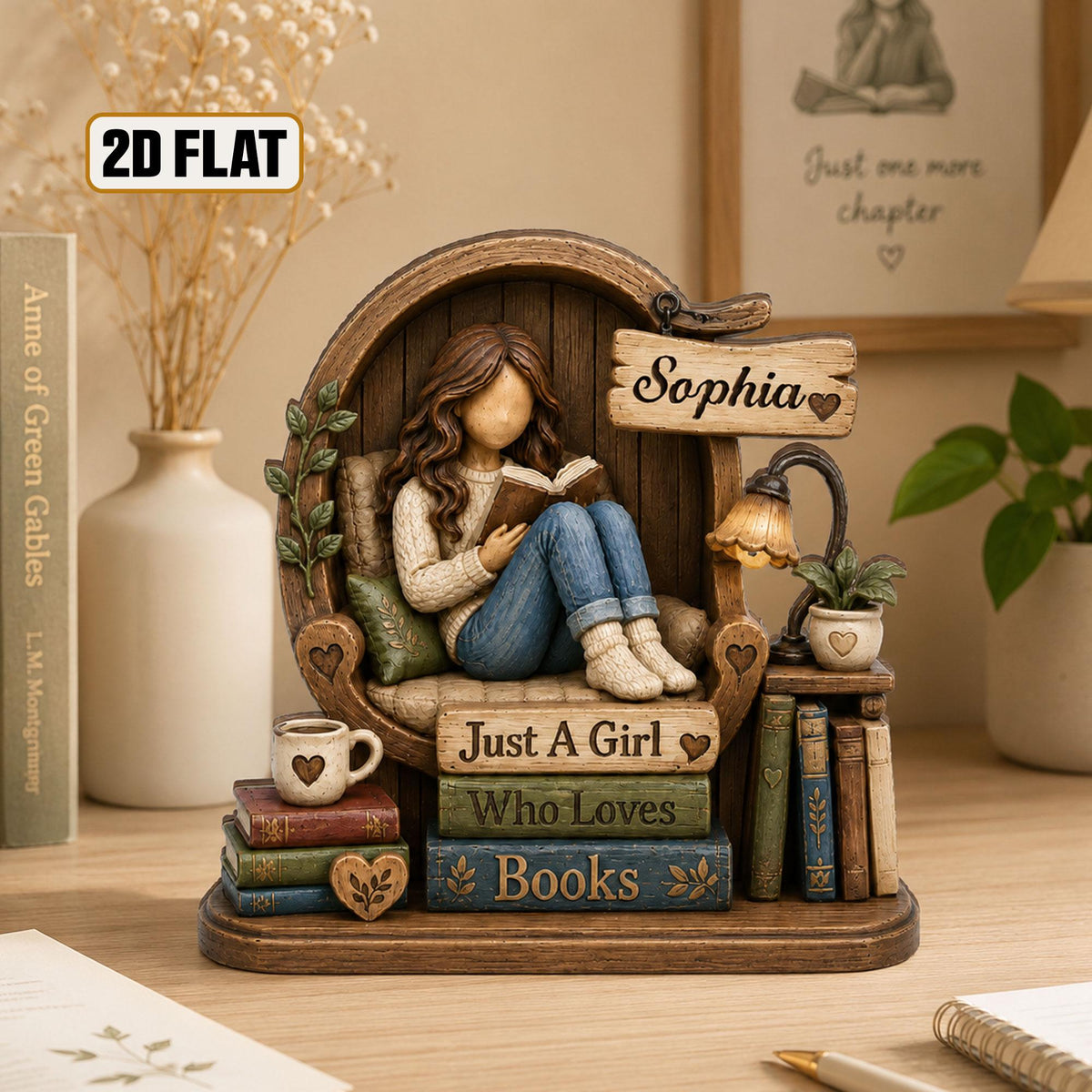 Personalized Wooden Book Lover Block, Just A Girl Who Loves Books Wooden Figurine, Book Lover Gift, Library Decor, Reader Shelf Decoration - product image 6
