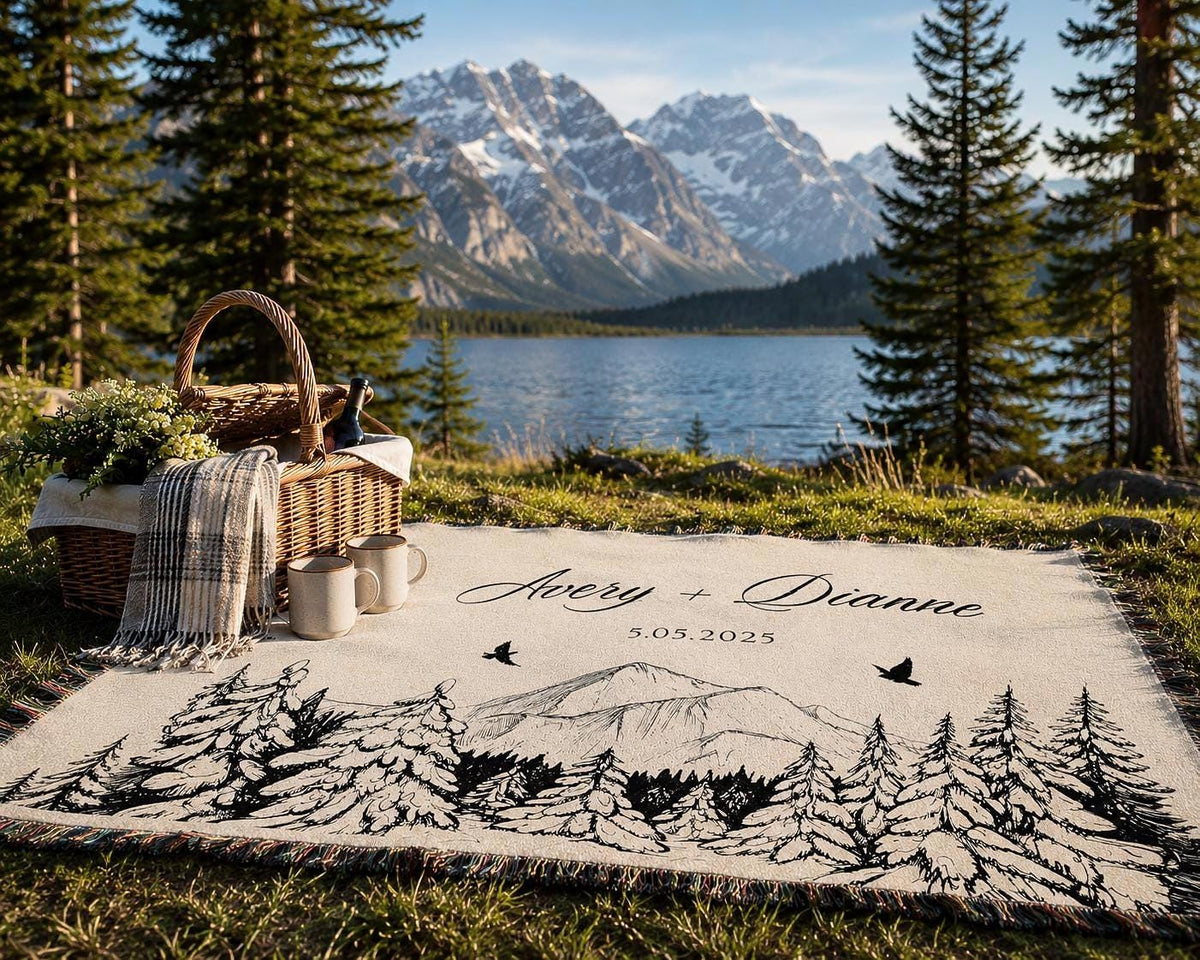 Outdoorsy Couple Blanket Nature Lovers Engagement Gift Adventure Couples Anniversary Personalized Mountain Woven Cotton Fringe Throw Blanket - product image 3