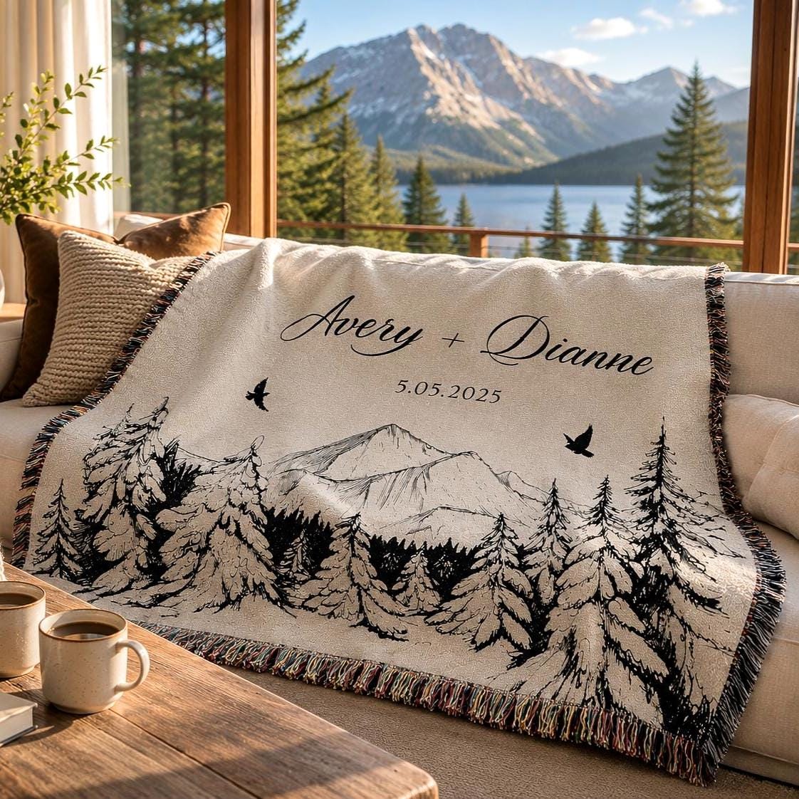 Outdoorsy Couple Blanket Nature Lovers Engagement Gift Adventure Couples Anniversary Personalized Mountain Woven Cotton Fringe Throw Blanket - main product image