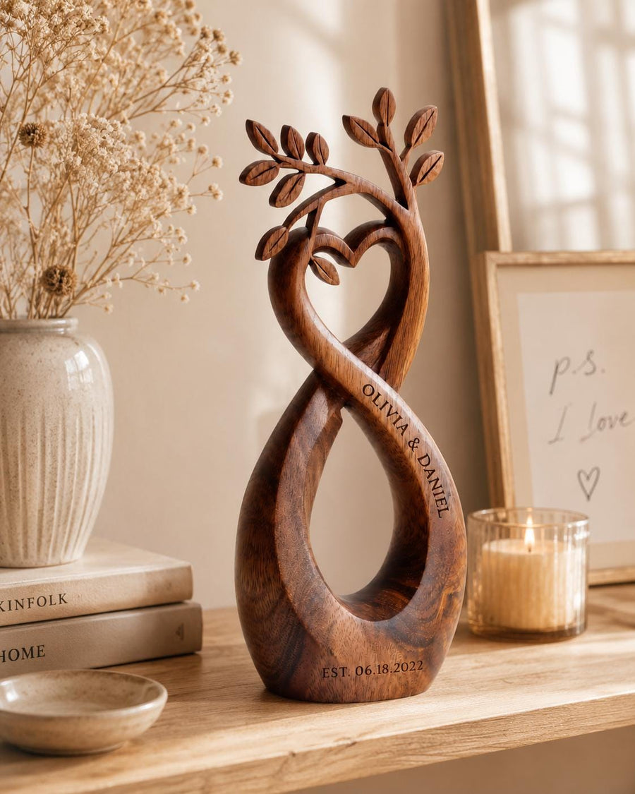 Infinity Heart Tree Sculpture | Engraved Walnut Wood Anniversary Gift - main product image