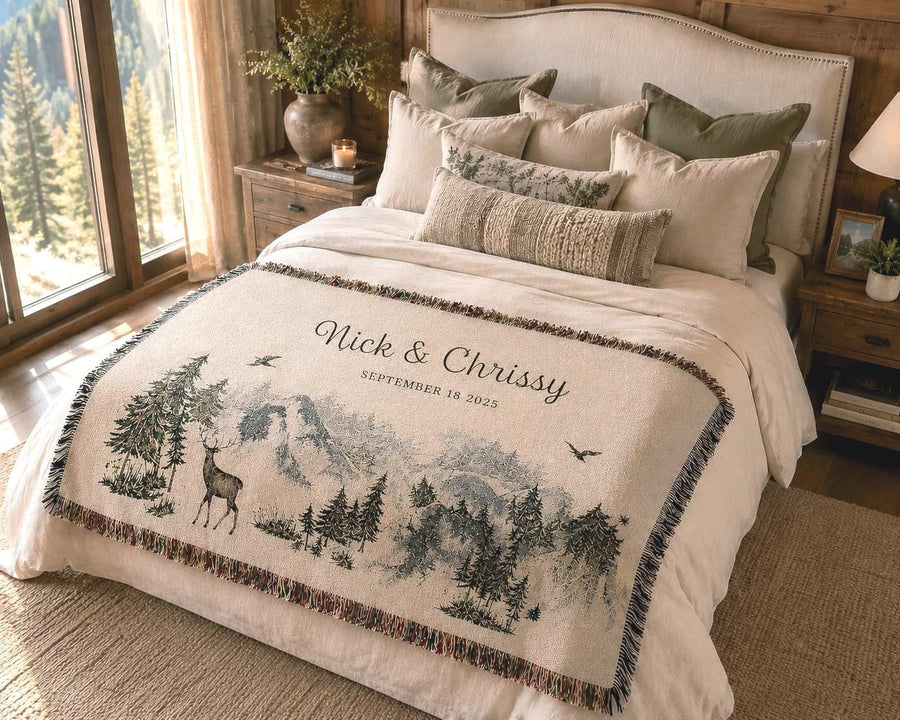 Outdoorsy Couple Blanket Nature Lovers Engagement Gift Adventure Couples Anniversary Personalized Mountain Woven Cotton Fringe Throw Blanket - main product image