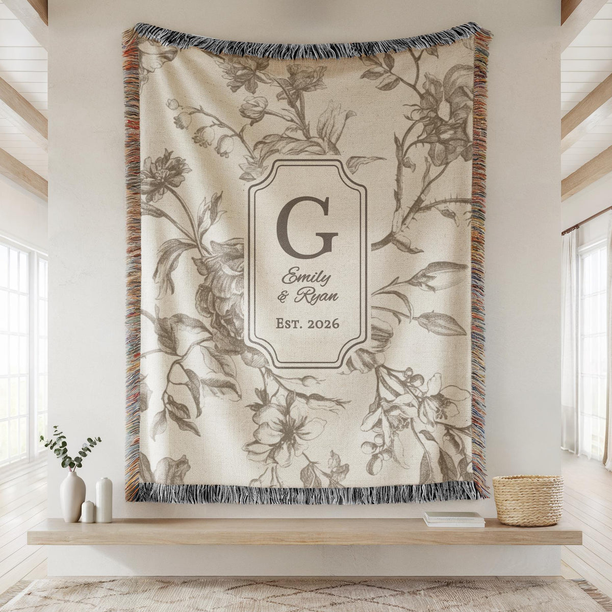 Personalized Cotton Anniversary Woven Blanket Custom Monogram Throw 2nd Anniversary Gift for Couple Floral Toile Housewarming Present - product image 13