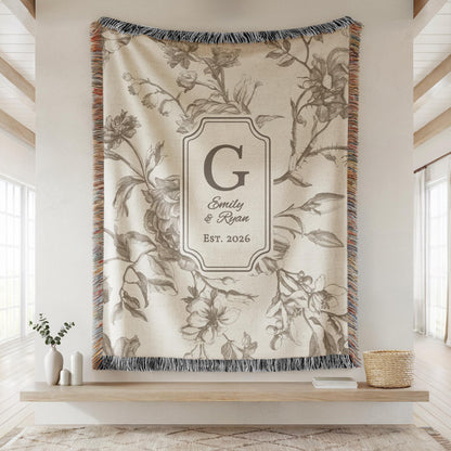 Personalized Cotton Anniversary Woven Blanket Custom Monogram Throw 2nd Anniversary Gift for Couple Floral Toile Housewarming Present - product image 13