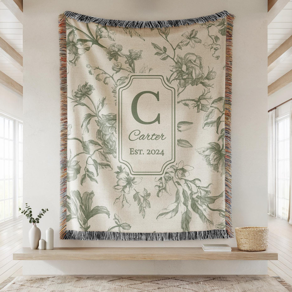Personalized Cotton Anniversary Woven Blanket Custom Monogram Throw 2nd Anniversary Gift for Couple Floral Toile Housewarming Present - product image 2