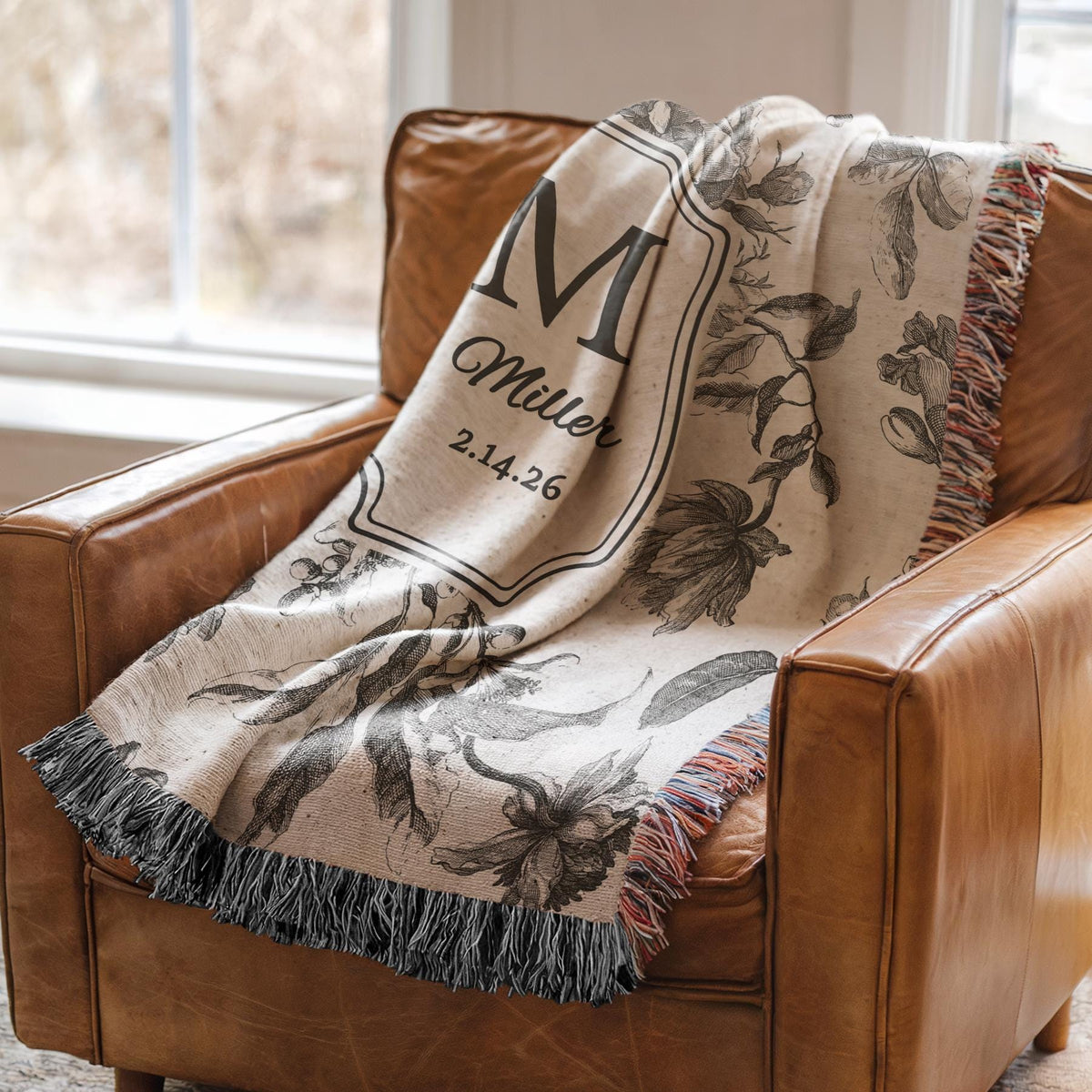 Personalized Cotton Anniversary Woven Blanket Custom Monogram Throw 2nd Anniversary Gift for Couple Floral Toile Housewarming Present - product image 15