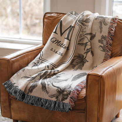 Personalized Cotton Anniversary Woven Blanket Custom Monogram Throw 2nd Anniversary Gift for Couple Floral Toile Housewarming Present - product image 15