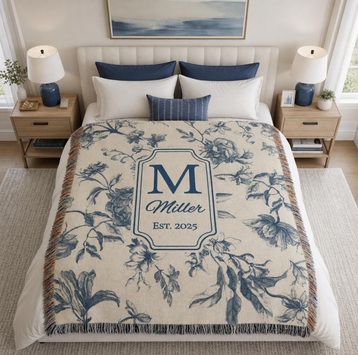 Personalized Cotton Anniversary Woven Blanket Custom Monogram Throw 2nd Anniversary Gift for Couple Floral Toile Housewarming Present - product image 8