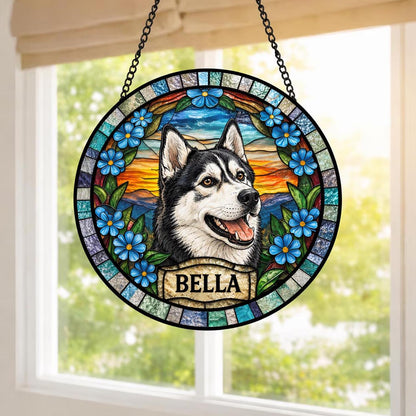 Custom Dog Portrait Stained Glass Suncatcher, Pet Memorial Keepsake, Personalized Photo Ornament - main product image