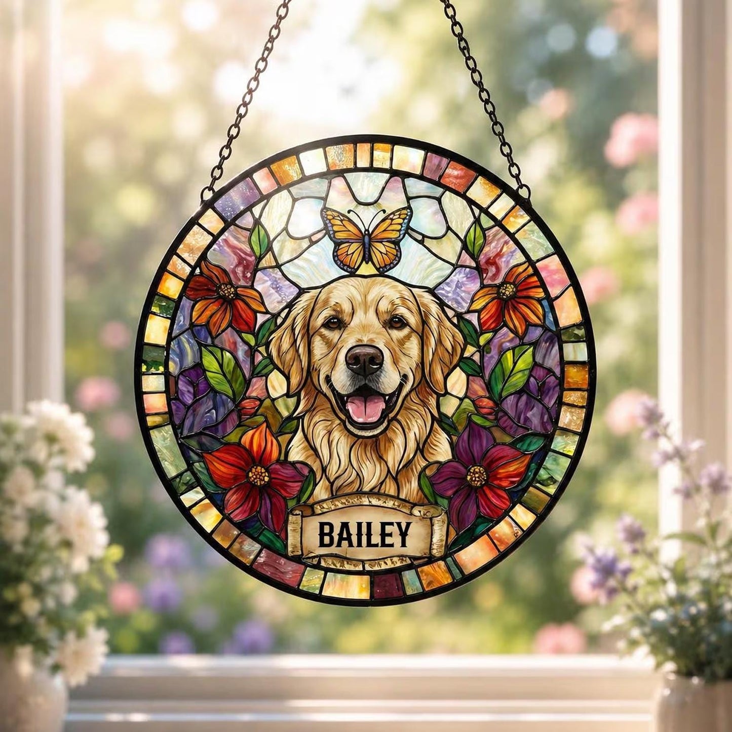 Personalized Dog Portrait Stained Glass Suncatcher, Custom Pet Memorial Stained Glass Photo Suncatcher, Dog Loss Keepsake, Pet Loss Gift - product image 2