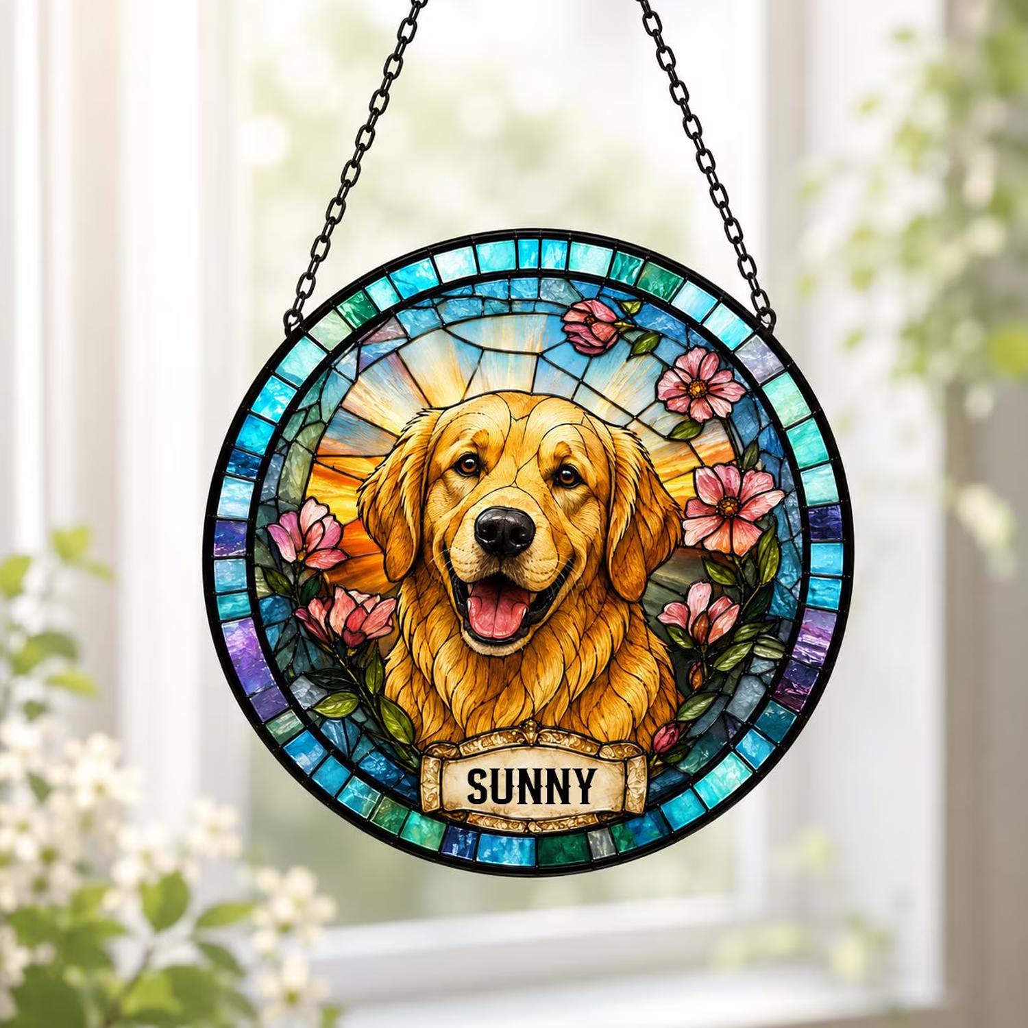Personalized Dog Portrait Stained Glass Suncatcher, Custom Pet Memorial Stained Glass Photo Suncatcher, Dog Loss Keepsake, Pet Loss Gift - main product image