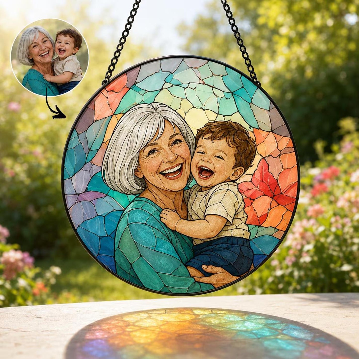 Personalized Family Portrait Stained Glass Suncatcher, Custom Memorial Gift from Photo, Healing Window Art for Cherished Memories - main product image