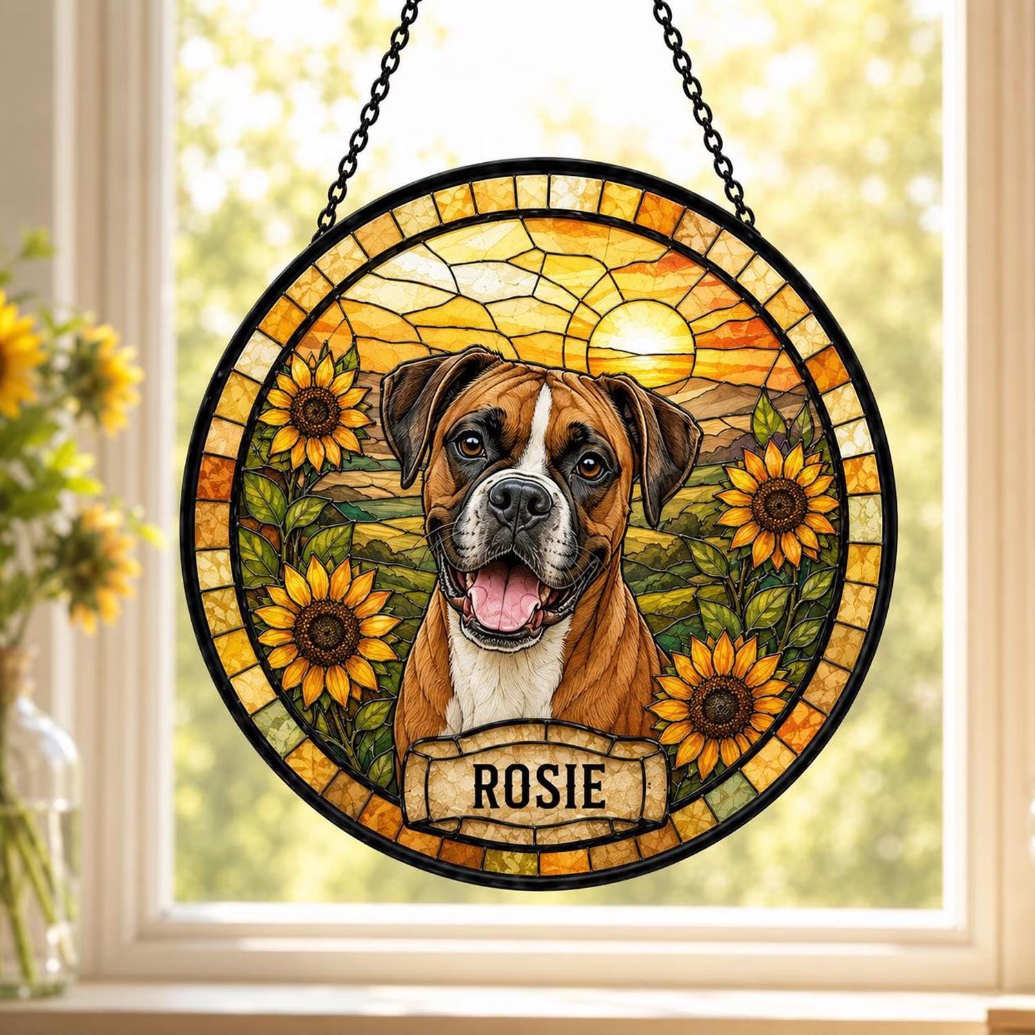 Personalized Dog Portrait Stained Glass Suncatcher, Custom Pet Memorial Stained Glass Photo Suncatcher, Dog Loss Keepsake, Pet Loss Gift - product image 2