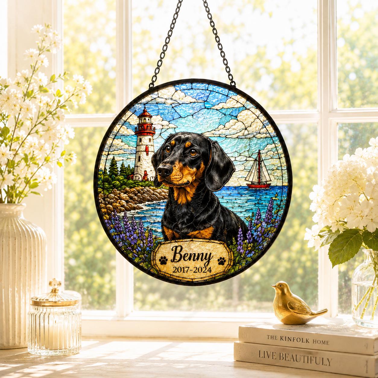 Personalized Pet Memorial Suncatcher, Custom Dog Cat Portrait Stained Glass Window Hanging, Add Name Date, Pet Loss Gift - product image 2