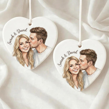 Personalized Photo Ceramic Ornament, Custom Watercolor Couple Portrait, First Christmas Married Gift, Newlywed Keepsake - product image 2