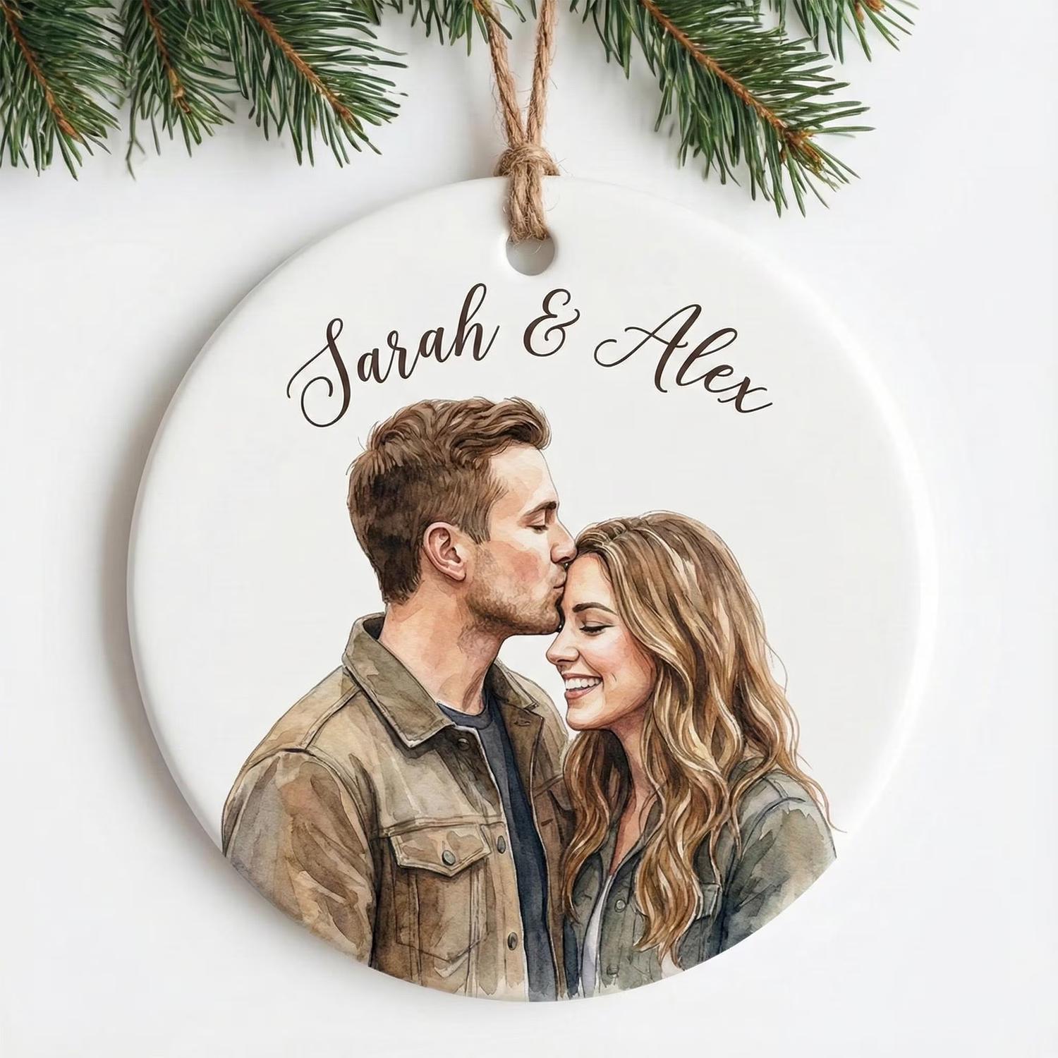Personalized Photo Ceramic Ornament, Custom Watercolor Couple Portrait, First Christmas Married Gift, Newlywed Keepsake - product image 6