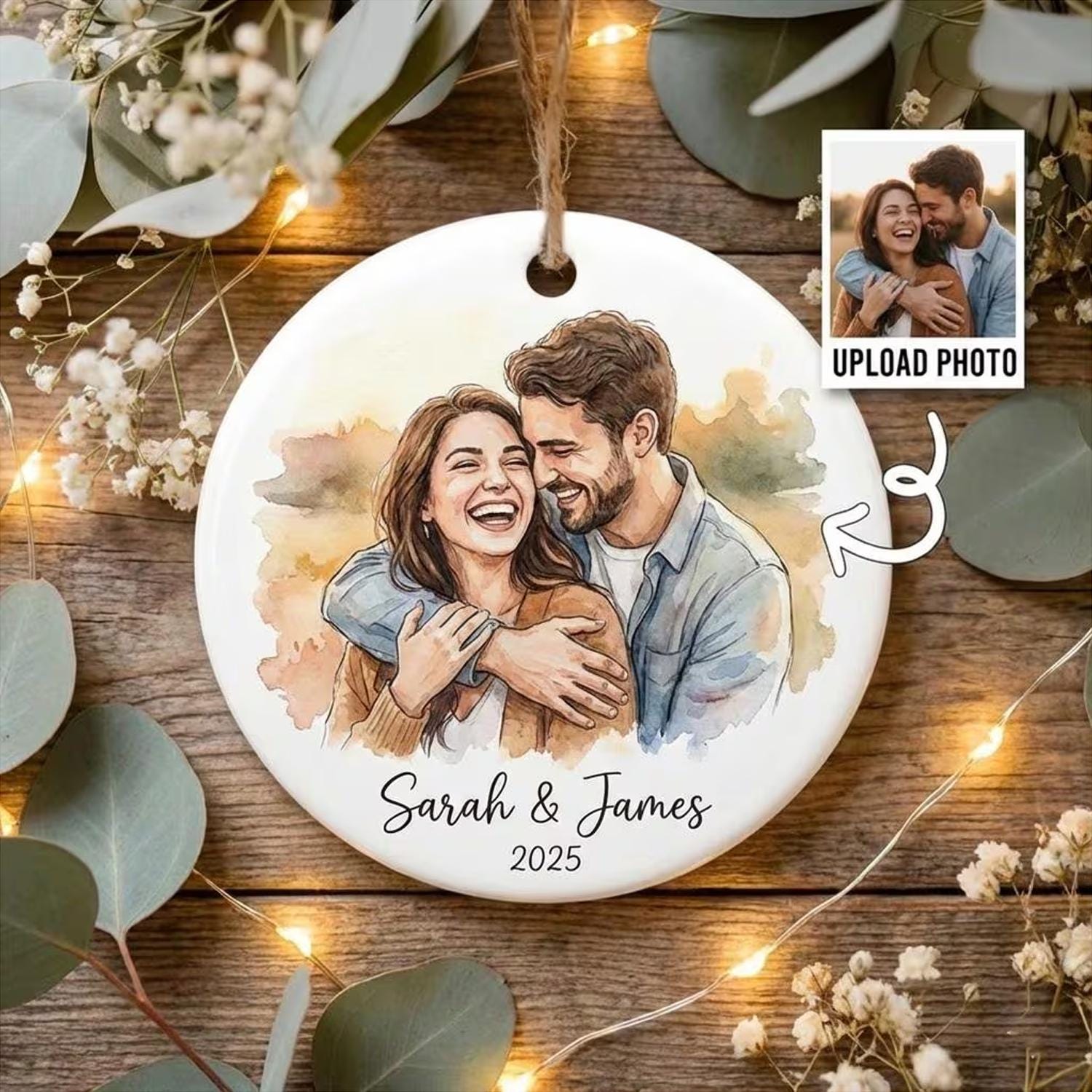 Personalized Photo Ceramic Ornament, Custom Watercolor Couple Portrait, First Christmas Married Gift, Newlywed Keepsake - main product image