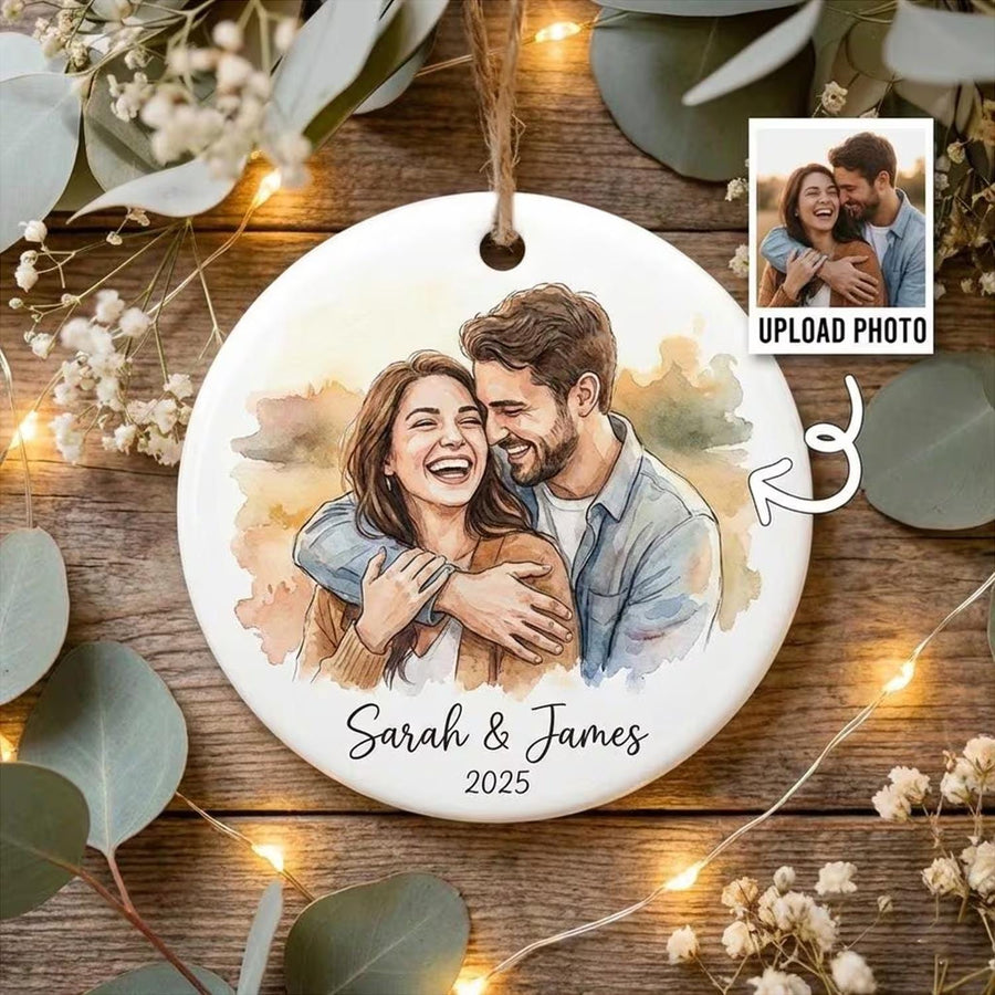 Personalized Photo Ceramic Ornament, Custom Watercolor Couple Portrait, First Christmas Married Gift, Newlywed Keepsake - main product image