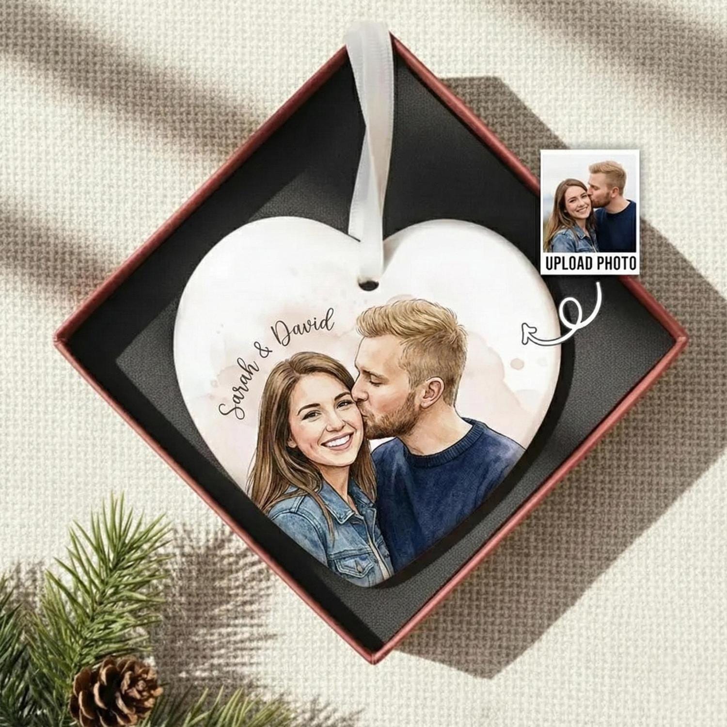 Personalized Photo Ceramic Ornament, Custom Watercolor Couple Portrait, First Christmas Married Gift, Newlywed Keepsake - product image 8