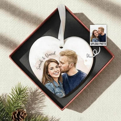 Personalized Photo Ceramic Ornament, Custom Watercolor Couple Portrait, First Christmas Married Gift, Newlywed Keepsake - product image 8