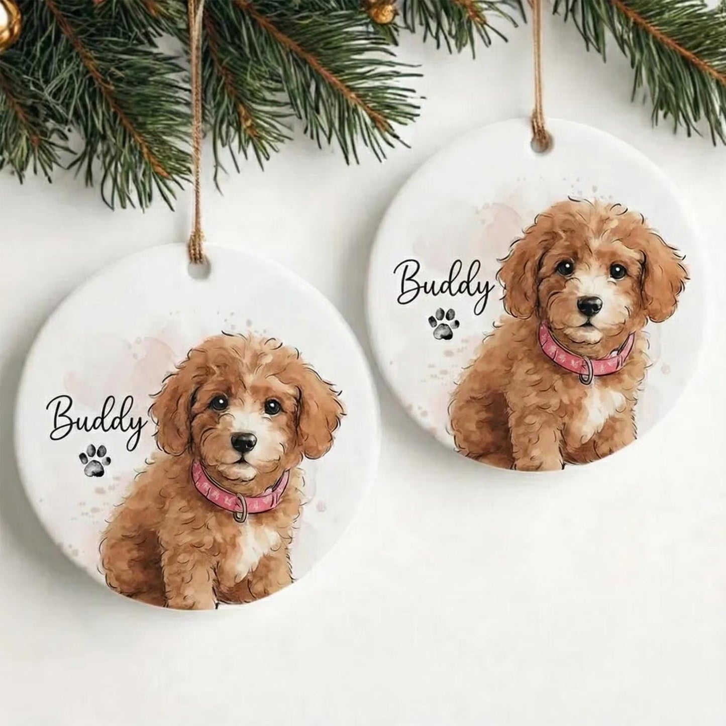 Custom Pet Photo Ornament, Personalized Watercolor Dog Cat Portrait Ceramic Ornament, Pet Memorial Christmas Gift - product image 2