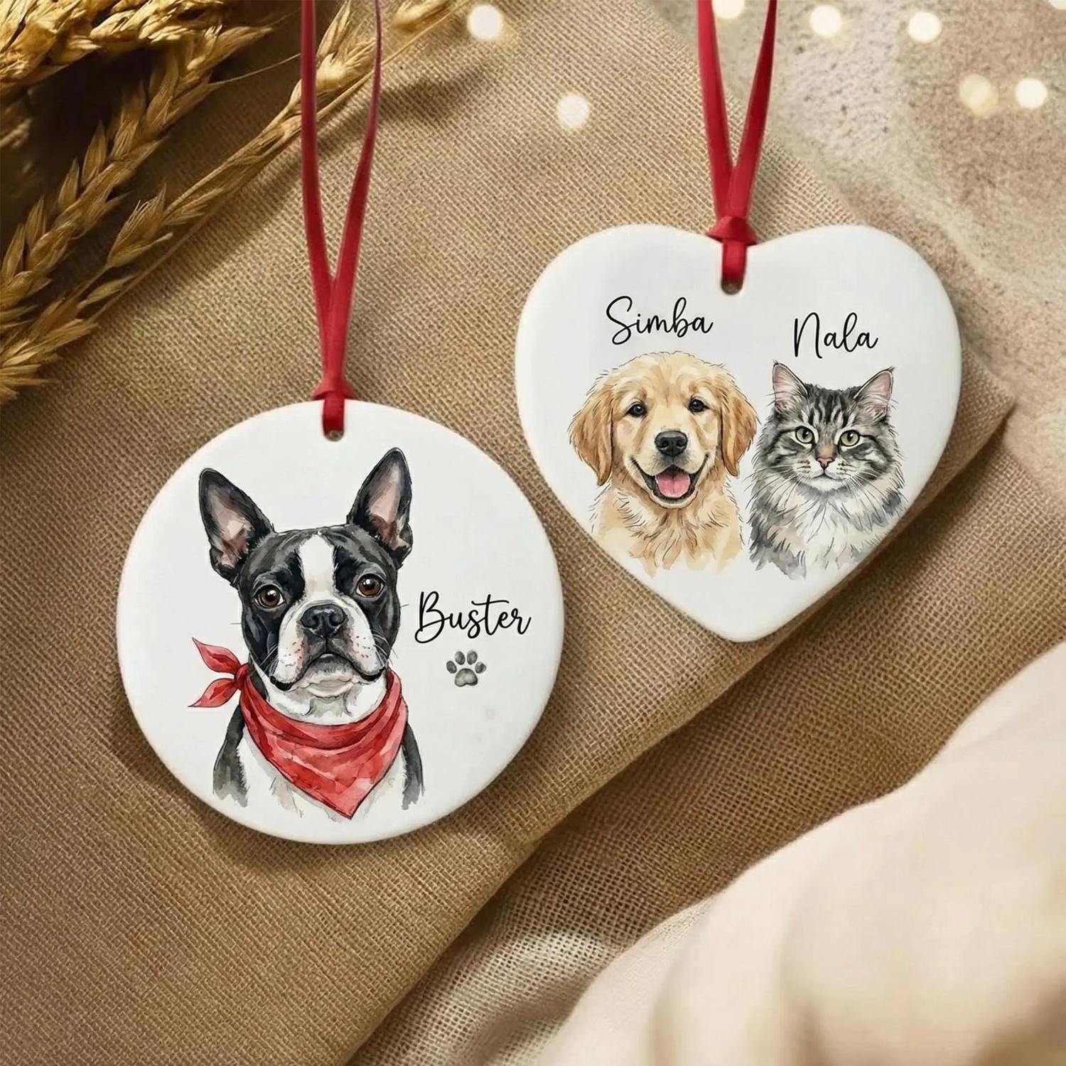 Custom Pet Photo Ornament, Personalized Watercolor Dog Cat Portrait Ceramic Ornament, Pet Memorial Christmas Gift - product image 5