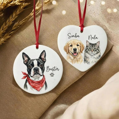 Custom Pet Photo Ornament, Personalized Watercolor Dog Cat Portrait Ceramic Ornament, Pet Memorial Christmas Gift - product image 5