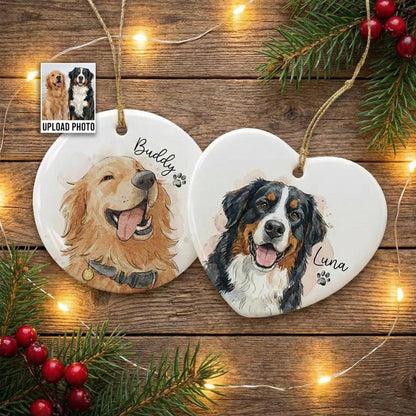 Custom Pet Photo Ornament, Personalized Watercolor Dog Cat Portrait Ceramic Ornament, Pet Memorial Christmas Gift - product image 6