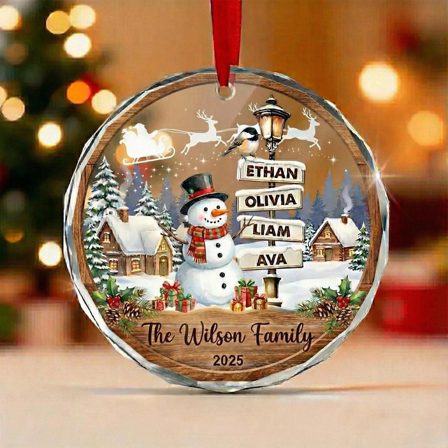 Personalized Family Glass Ornament, Custom Christmas Snowman Ornament with Kids Names, Family Name 2026 Keepsake Gift - main product image