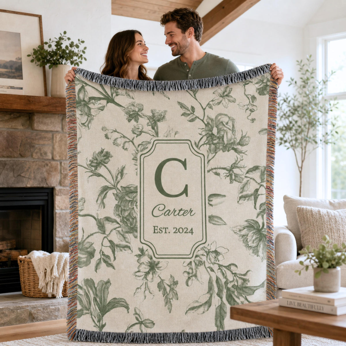 Personalized Cotton Anniversary Woven Blanket Custom Monogram Throw 2nd Anniversary Gift for Couple Floral Toile Housewarming Present - main product image