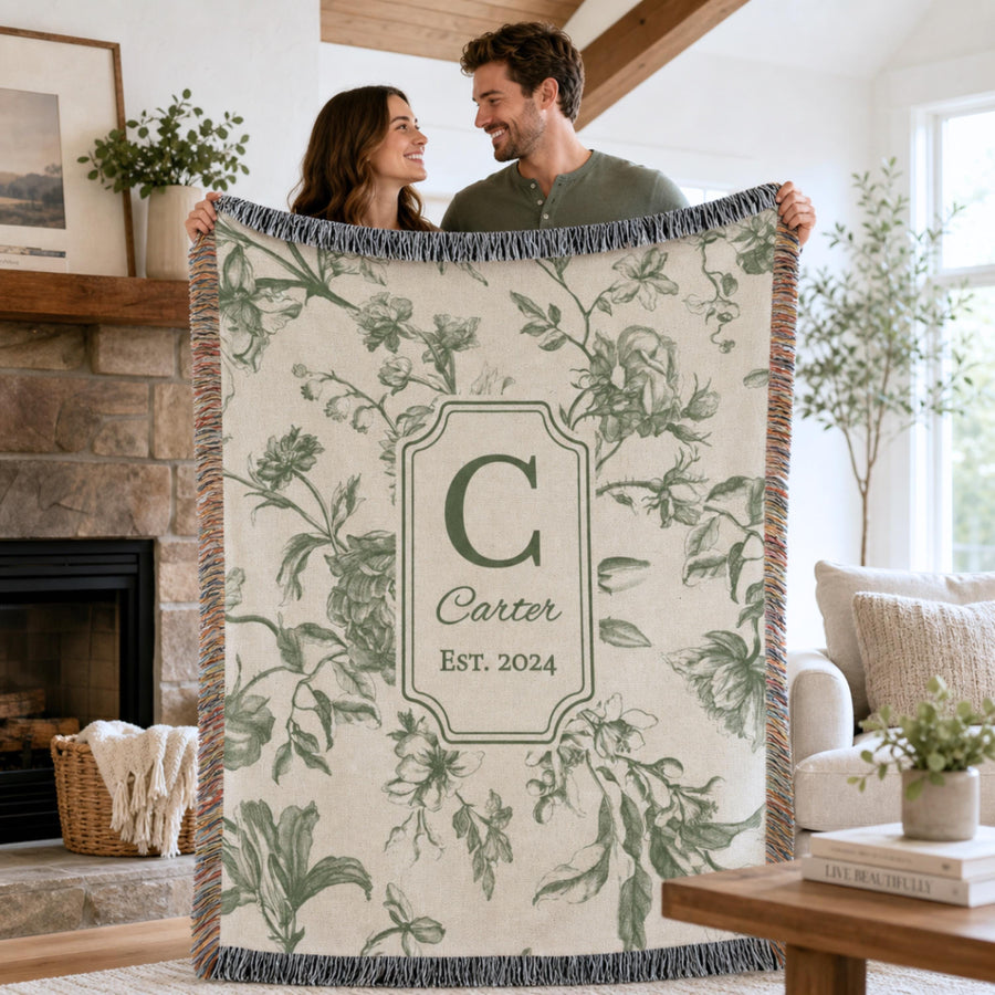 Personalized Cotton Anniversary Woven Blanket Custom Monogram Throw 2nd Anniversary Gift for Couple Floral Toile Housewarming Present - main product image