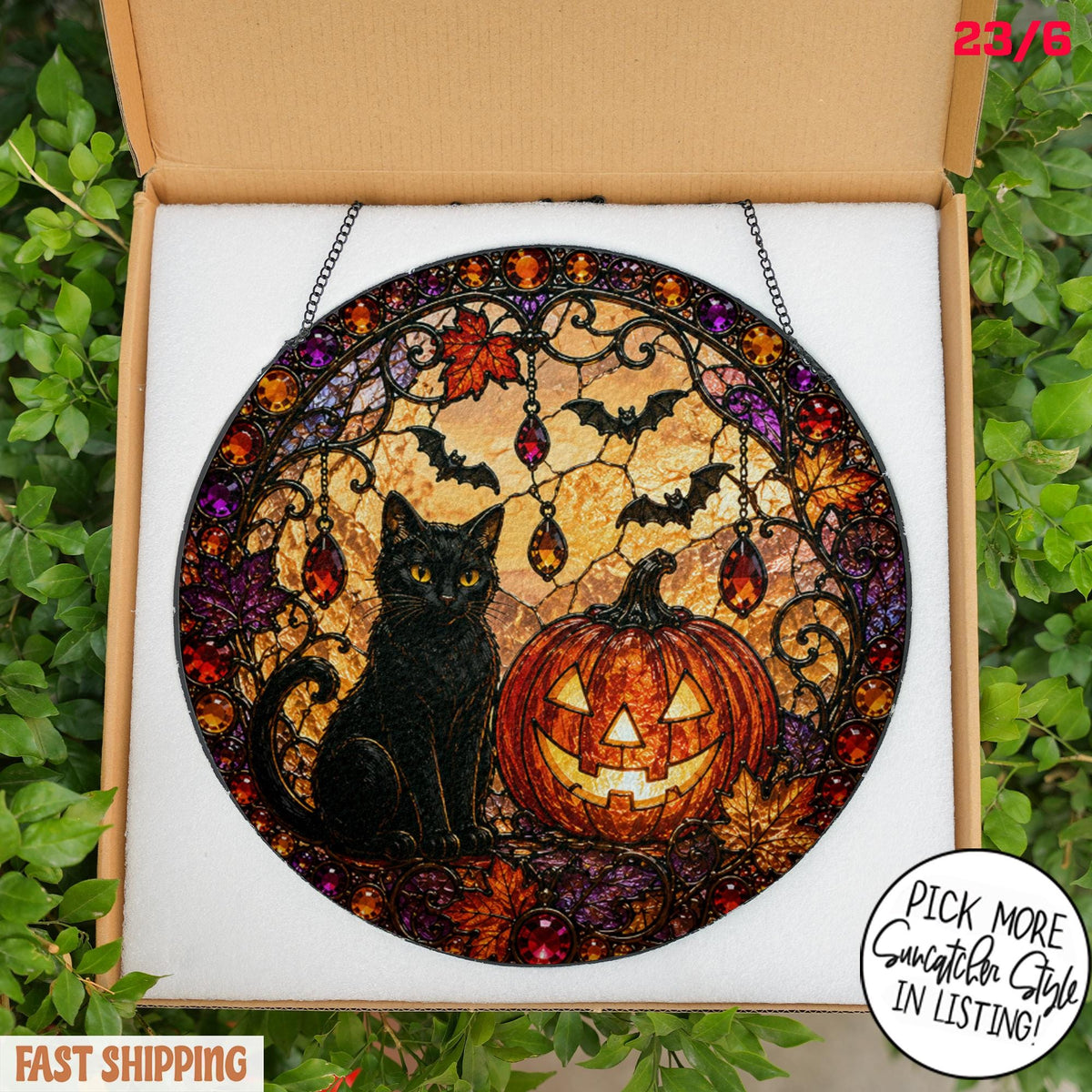 Black Cat Pumpkin Moon Stained Glass Suncatcher, Gothic Crescent Moon Decor, Spooky Cat Lover Home Decor, Halloween Gift - product image 6
