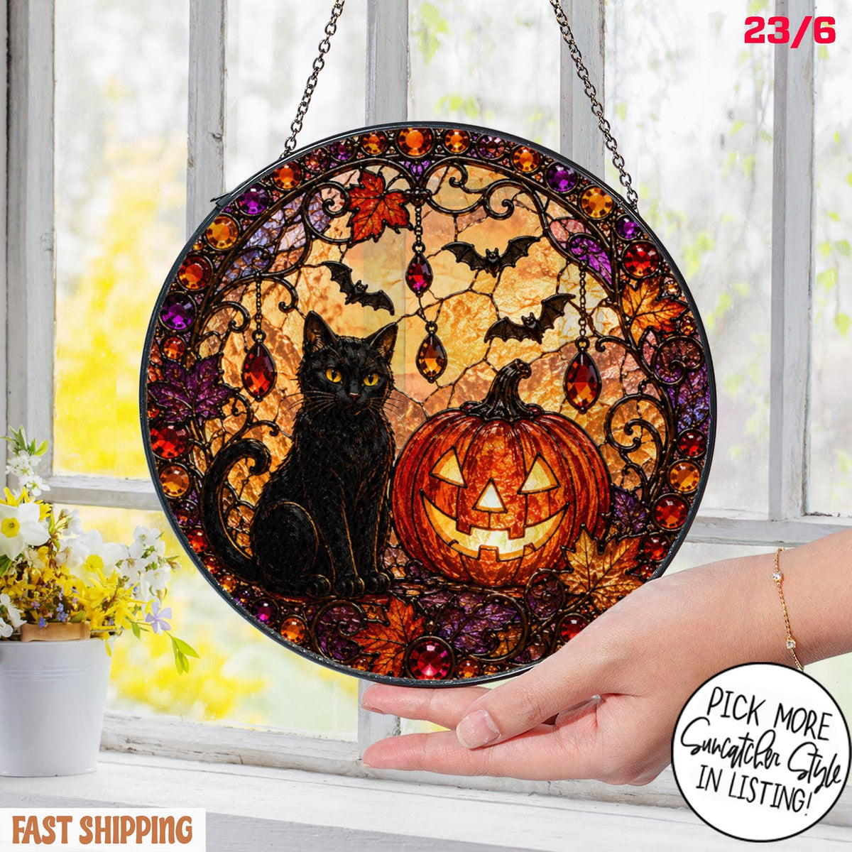 Black Cat Pumpkin Moon Stained Glass Suncatcher, Gothic Crescent Moon Decor, Spooky Cat Lover Home Decor, Halloween Gift - product image 4