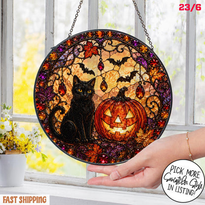 Black Cat Pumpkin Moon Stained Glass Suncatcher, Gothic Crescent Moon Decor, Spooky Cat Lover Home Decor, Halloween Gift - product image 4