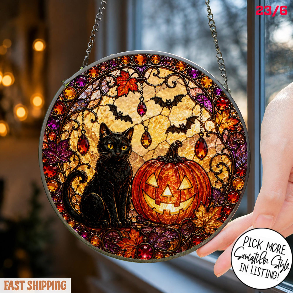 Black Cat Pumpkin Moon Stained Glass Suncatcher, Gothic Crescent Moon Decor, Spooky Cat Lover Home Decor, Halloween Gift - product image 2