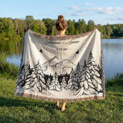 Outdoorsy Couple Blanket Nature Lovers Engagement Gift Adventure Couples Anniversary Personalized Mountain Woven Cotton Fringe Throw Blanket - product image 5